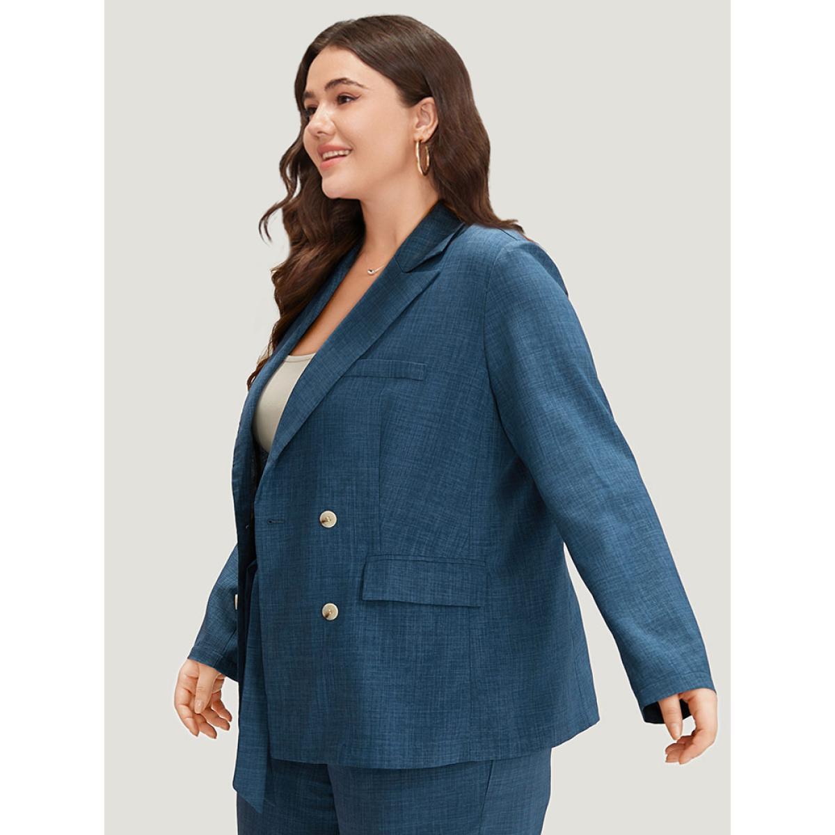 Plus Size Solid Double Breasted Suit Collar Flap Pocket Blazer Indigo Women Work Plain Texture Sleeve Long Sleeve Suit Collar 26/4X Pocket At the Office Blazers BloomChic Product Image