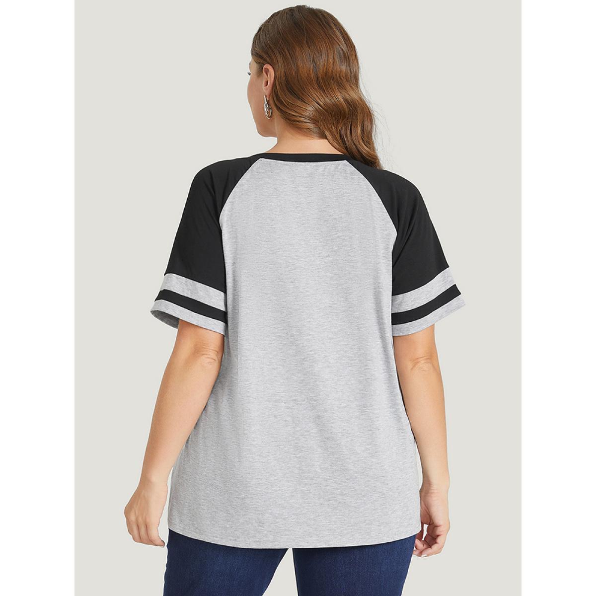 Plus Size Letter Print Contrast Raglan Sleeve Graphic Tee LightGray Women Casual Striped Dailywear T-shirts BloomChic 14-16/1X Product Image