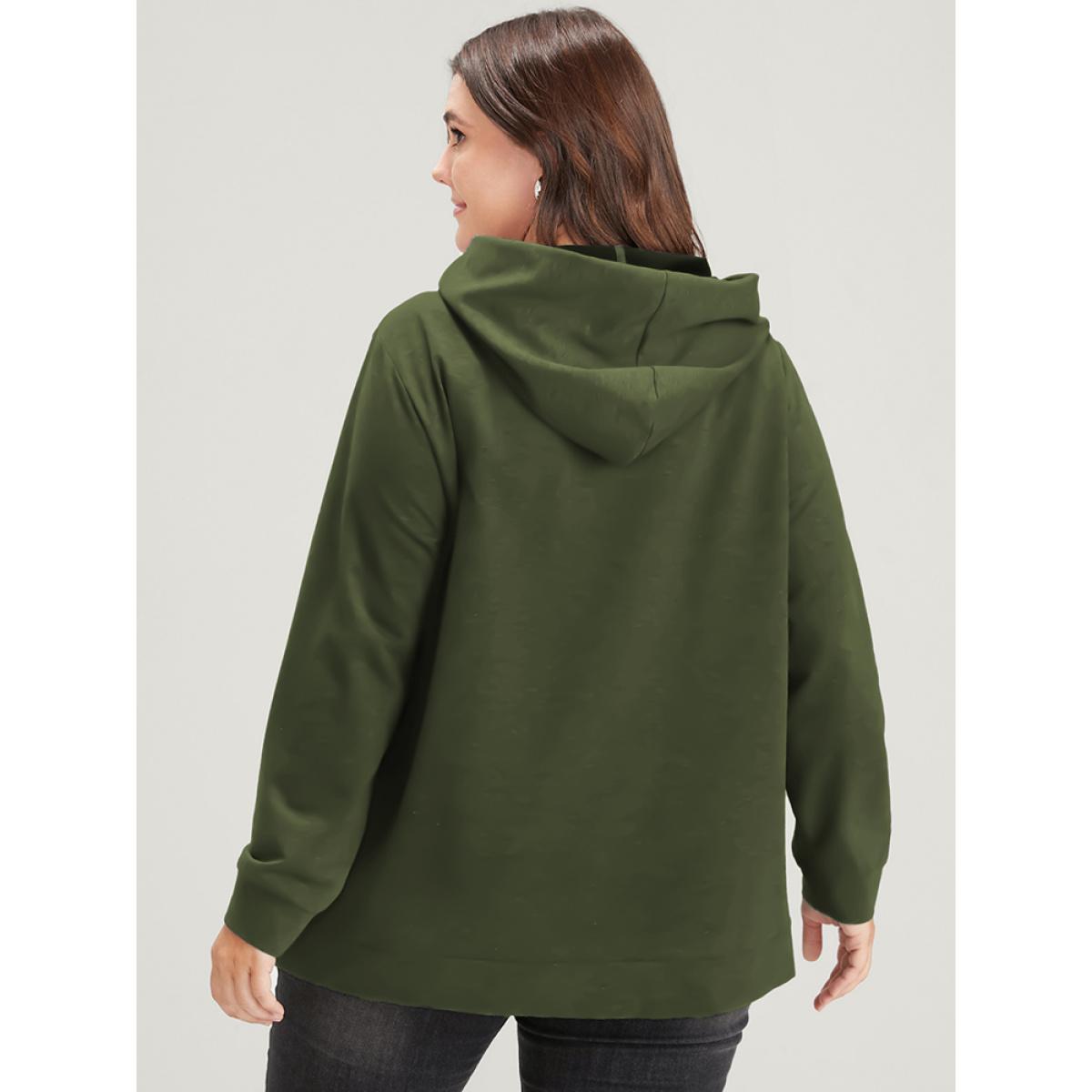 Plus Size Heart Print Drop Shoulder Pocket Drawstring Hooded Sweatshirt Women ArmyGreen Casual Plain Hooded Dailywear Sweatshirts BloomChic 30/6X Product Image