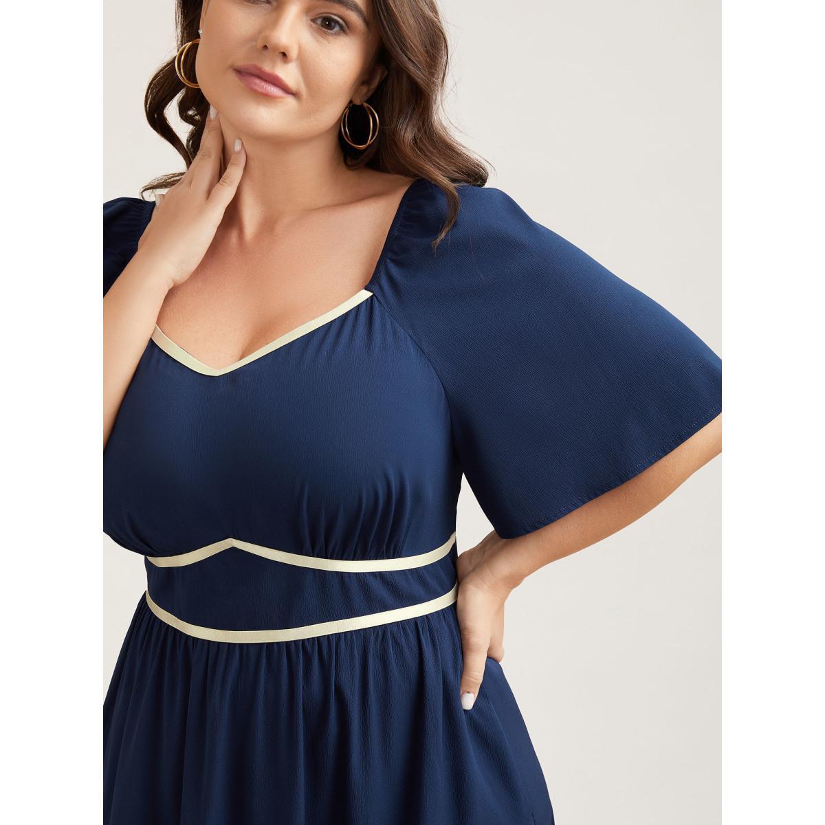 Plus Size Textured Stretchy Waist Milkmaid Style Midi Dress Indigo Women Casual Woven ribbon&lace trim Heart neckline Short sleeve Curvy BloomChic 18-20/2X Product Image