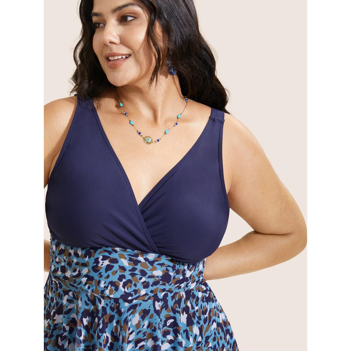 Plus Size V Neck Leopard Print Patchwork Swim Dress Women's Swimwear Indigo Beach Bodycon Overlap Collar High stretch Curve Swim Dresses BloomChic 10/M Product Image