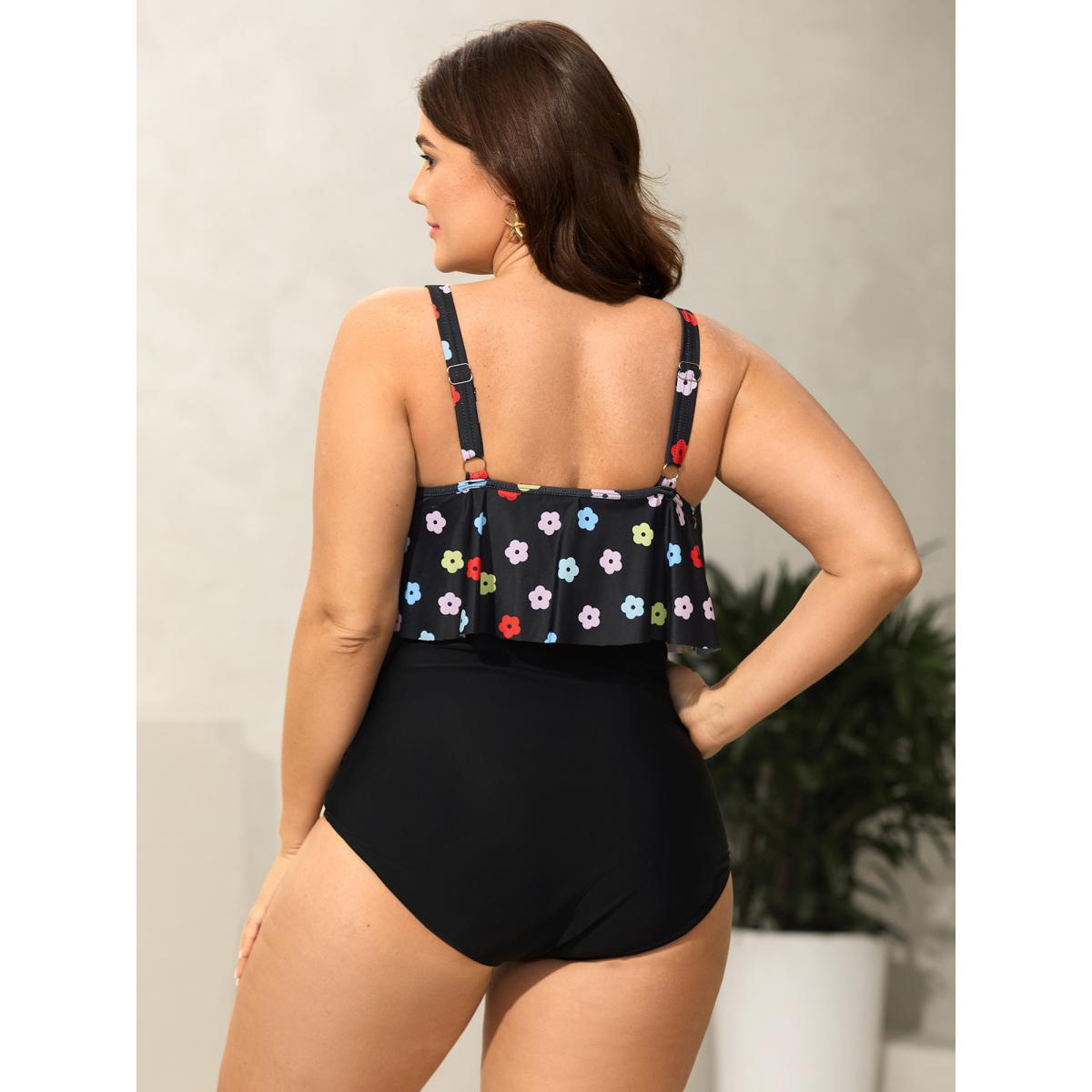 Plus Size Colorful Floral Layered One-Piece Swimsuit Women's Swimwear Black Beach Contrast Curve Bathing Suits High stretch One Pieces BloomChic 22-24/3X Product Image
