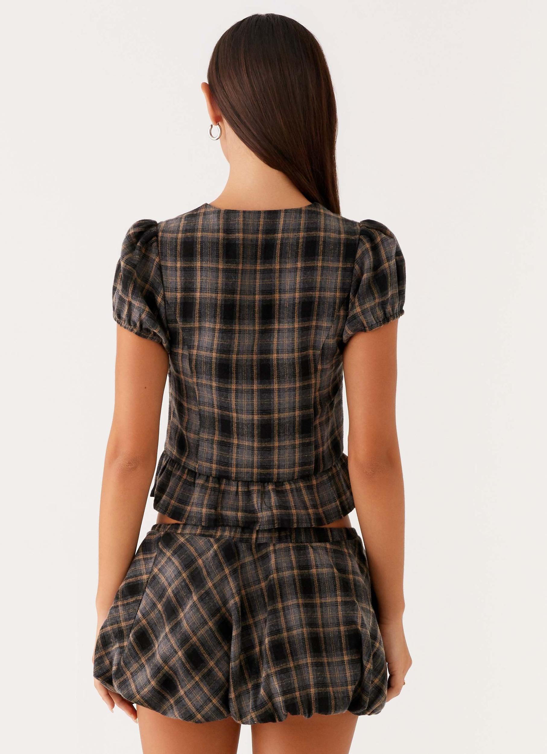 Lucia Puff Sleeve Top - Brown Check Product Image