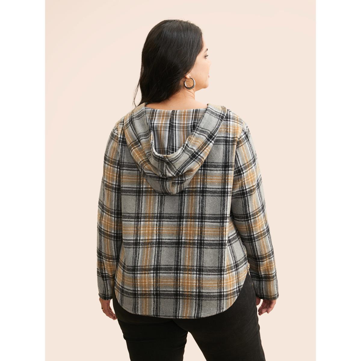 Plus Size Brushed Fabric Plaid Hooded Sweatshirt Women DarkGray Casual Drawstring Hooded Everyday Sweatshirts BloomChic 26/4X Product Image