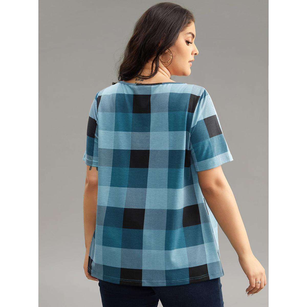 Plus Size Plaid Round Neck Gathered T-shirt Blue Women Casual Gathered Plaid Round Neck Everyday T-shirts BloomChic 18-20/2X Product Image