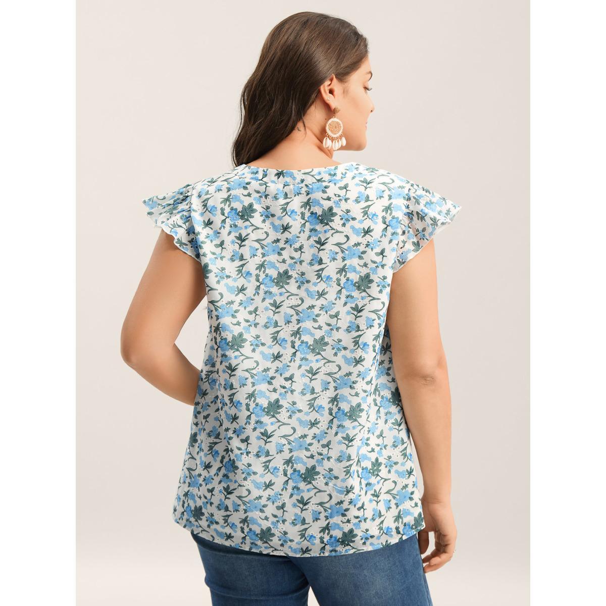 Plus Size LightBlue Embroidered Floral Split Neck Tank Top Women Short sleeve Flat collar with V-notch Vacation Blouses BloomChic 26/4X Product Image