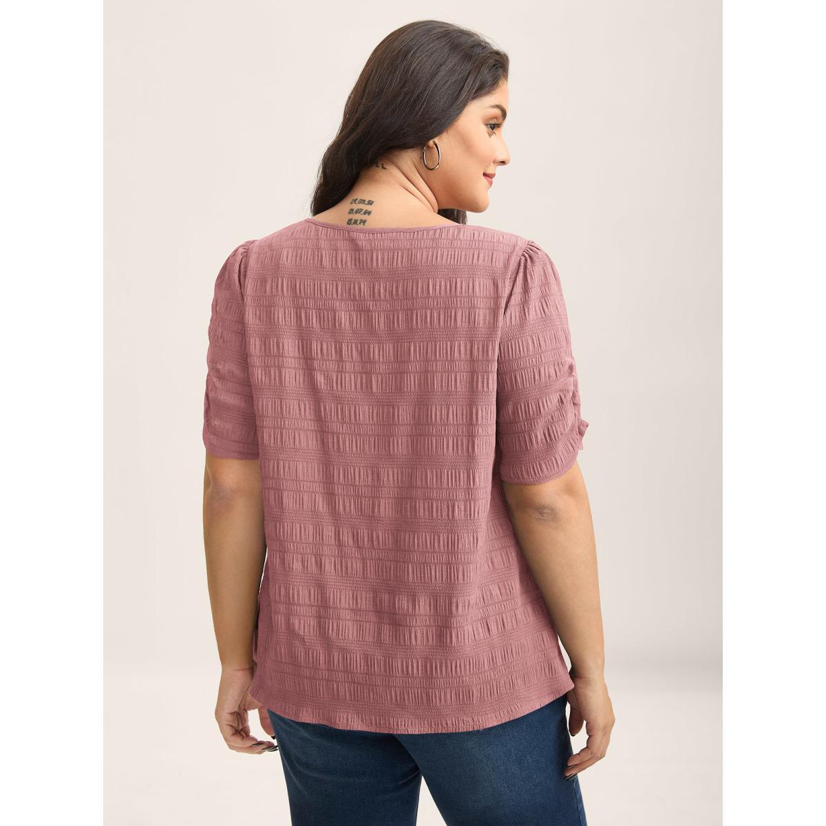 Plus Size Rouge Textured Gathered Sleeve Split Neck Blouse Women Short sleeve Asymmetrical Neck Work Blouses BloomChic 22-24/3X Product Image