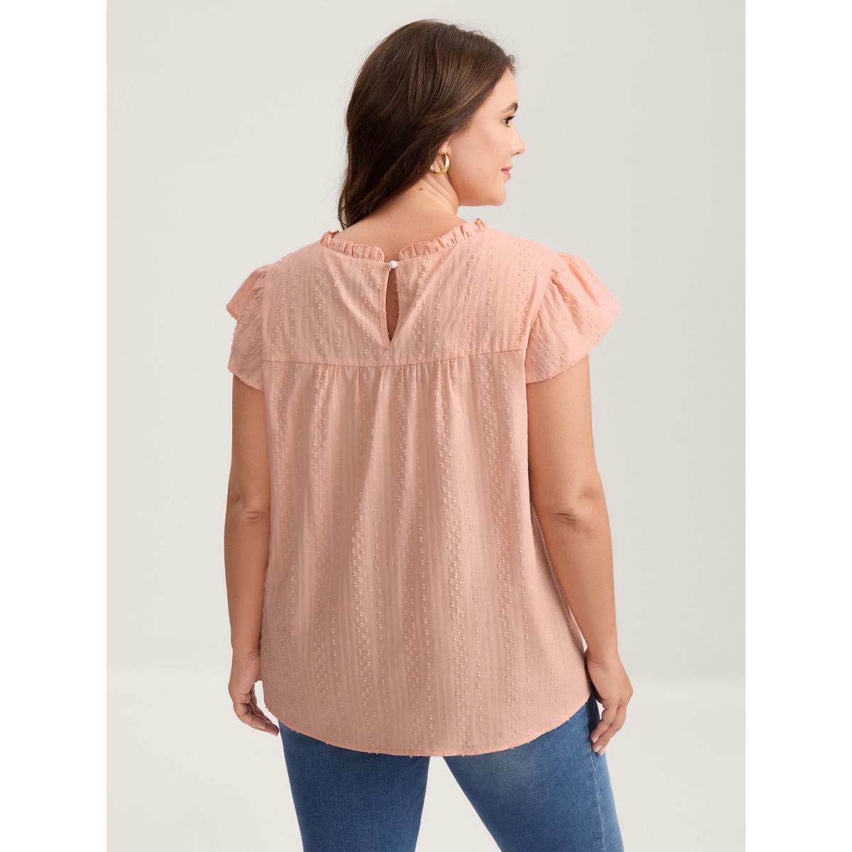 Plus Size Crepe Cotton Cut-Out Lace Ruffled Neck Blouse Women Cap Sleeve Round Neck Everyday-Elegant Blouses BloomChic 18-20/2X Product Image