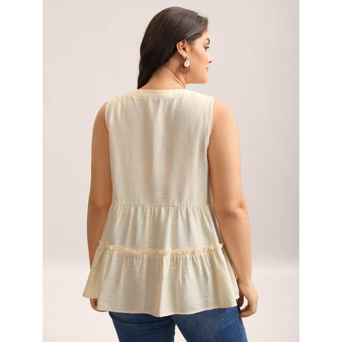Plus Size Pure Textured Tassels Tiered Tank Top Women Beige Tie knot Notched collar Vacation Tank Tops Camis BloomChic 22-24/3X Product Image
