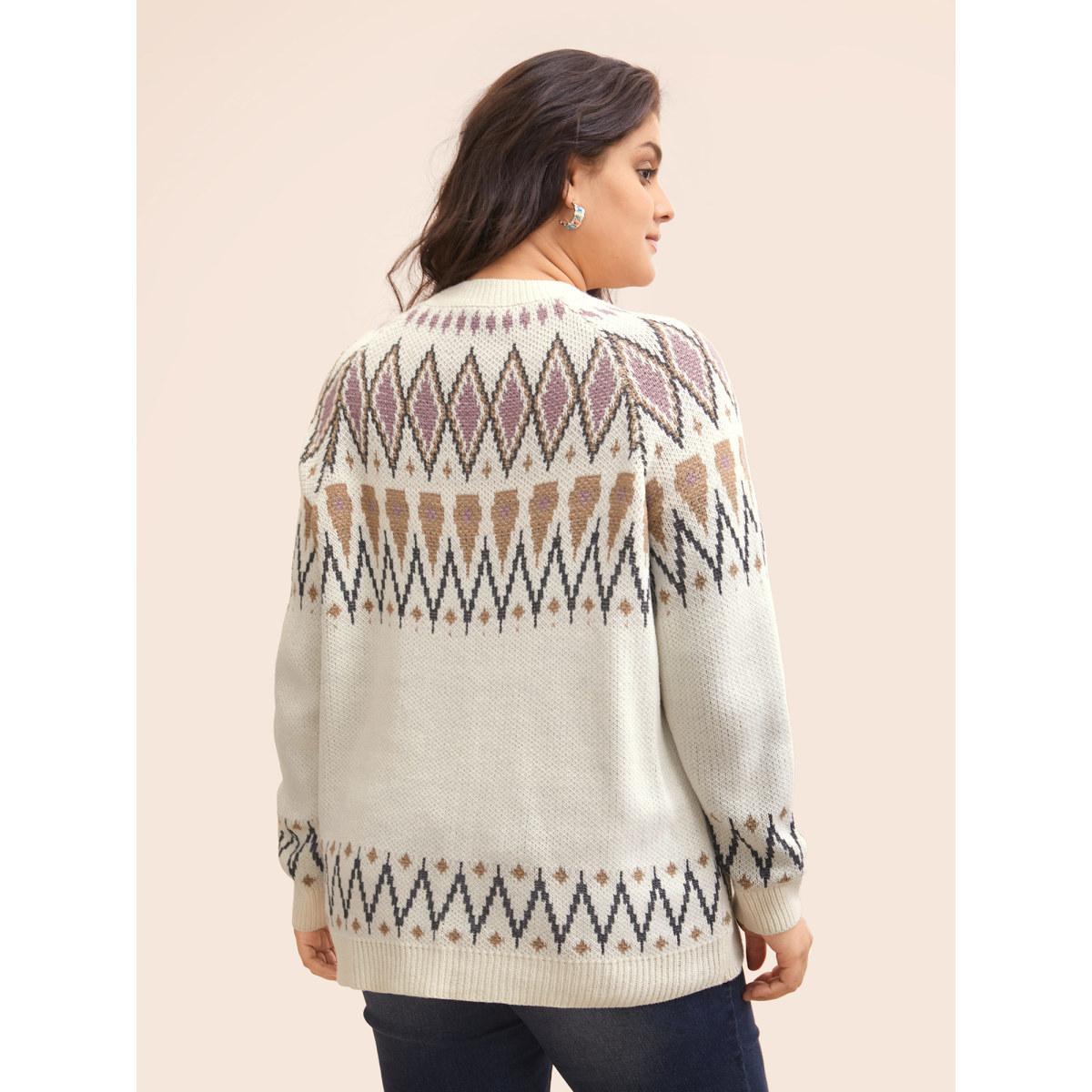 Plus Size Fair Isle Jacquard Crew Neck Pullover Beige Women Casual Long Sleeve Round Neck Everyday Pullovers BloomChic 10/M Product Image