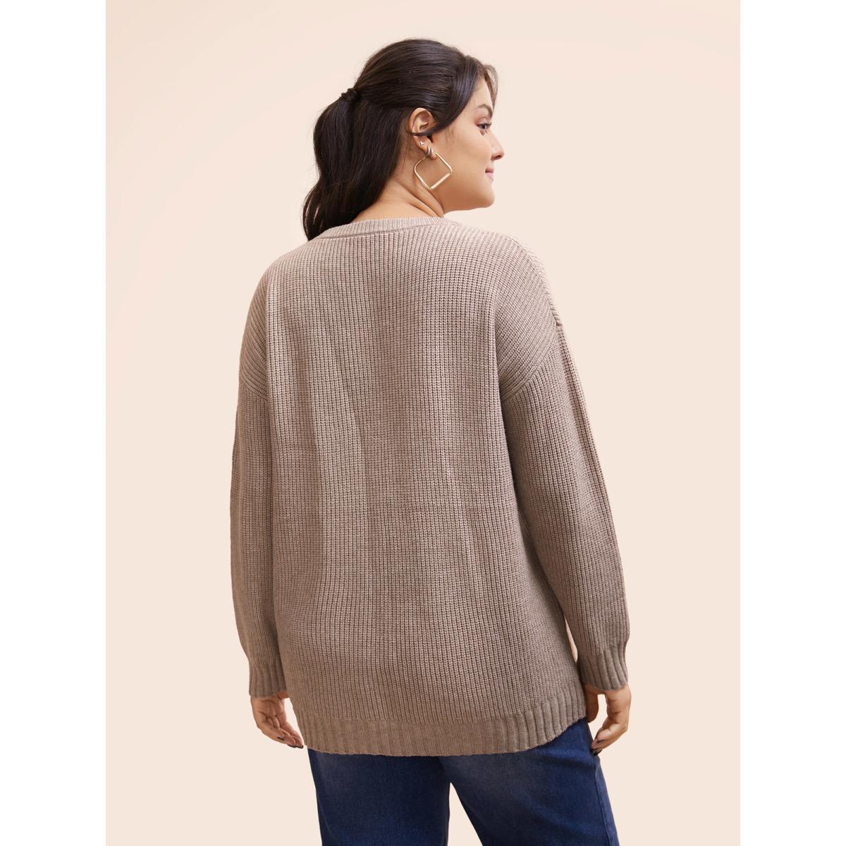 Plus Size Solid Round Neck Drop Shoulder Pullover Tan Women Casual Long Sleeve Round Neck Everyday Pullovers BloomChic 10/M Product Image