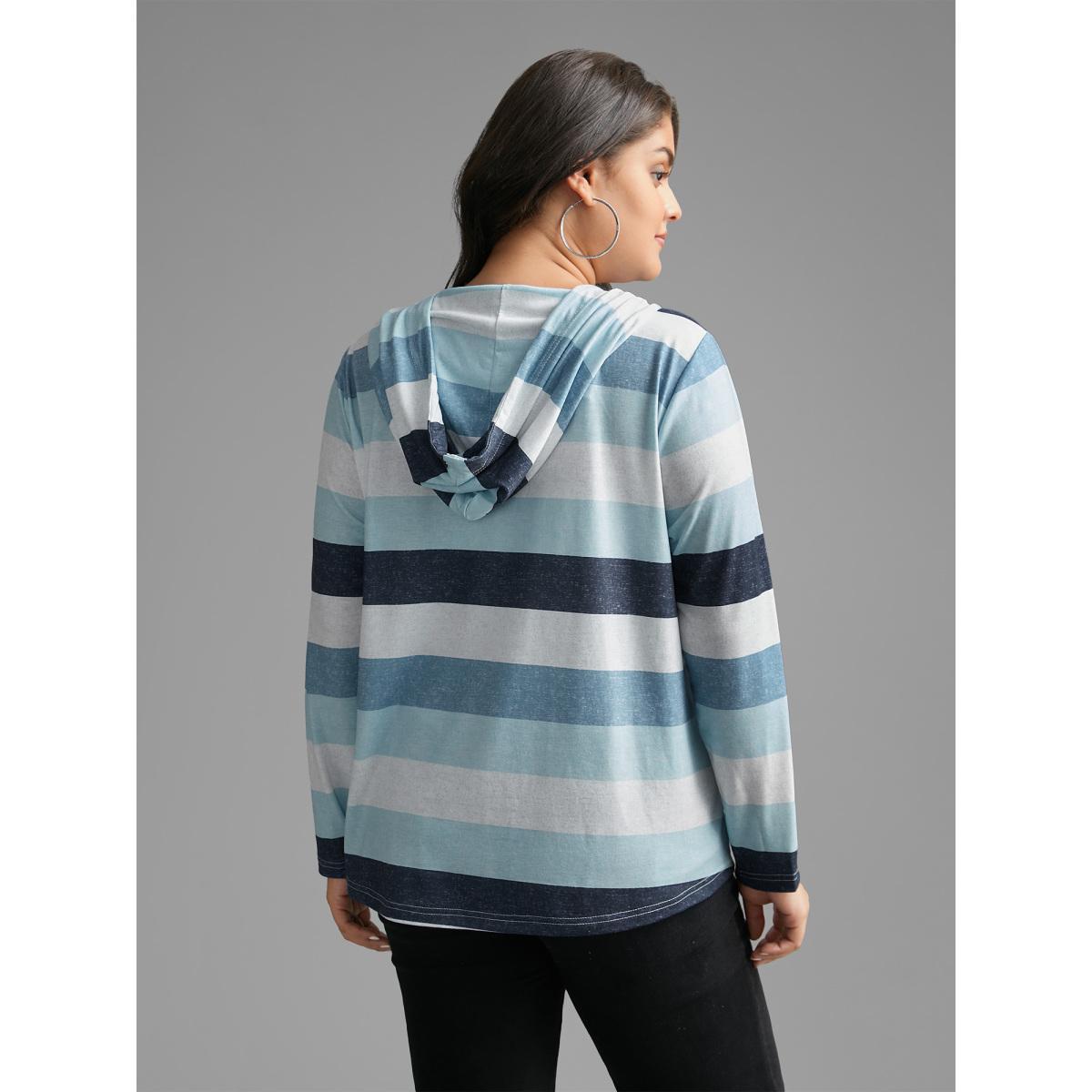 Plus Size Contrast Striped Hooded Drawstring T-shirt Aegean Women Casual Drawstring Hooded Everyday T-shirts BloomChic 26/4X Product Image