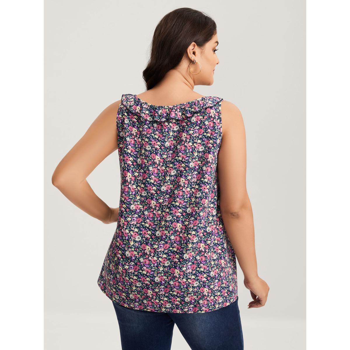 Plus Size Floral Print Lotus Neck Tank Top Women Indigo Ruffles V-neck Everyday-Elegant Tank Tops Camis BloomChic 26/4X Product Image