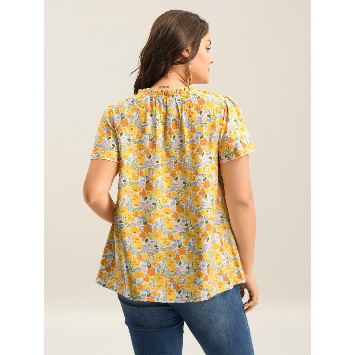Plus Size Lemonyellow In Full Bloom Mock Neck Shirt Women Resort Cap Sleeve Stand-up collar Vacation Blouses BloomChic 22-24/3X Product Image