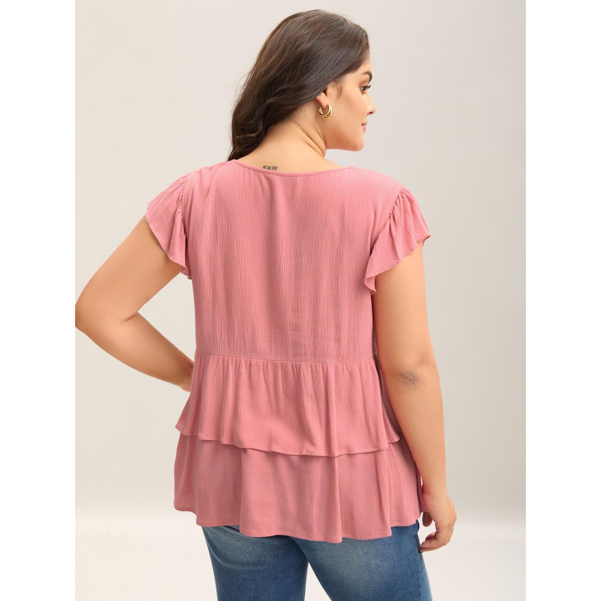 Plus Size Watermelon Rayon Ruffled Layered Hem Button Blouse Women Cap Sleeve V-neck Everyday-Elegant Blouses BloomChic 30/6X Product Image