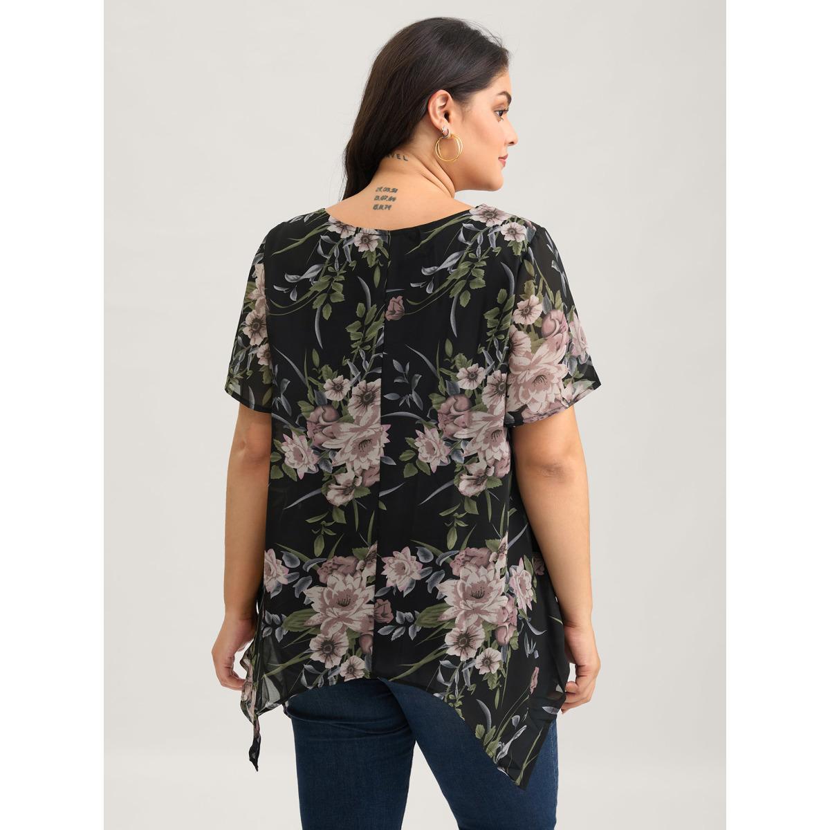 Plus Size Black Chiffon Floral Crisscross Hanky Hem Blouse Women Elegant Short sleeve V-neck Everyday Blouses BloomChic 14-16/1X Product Image