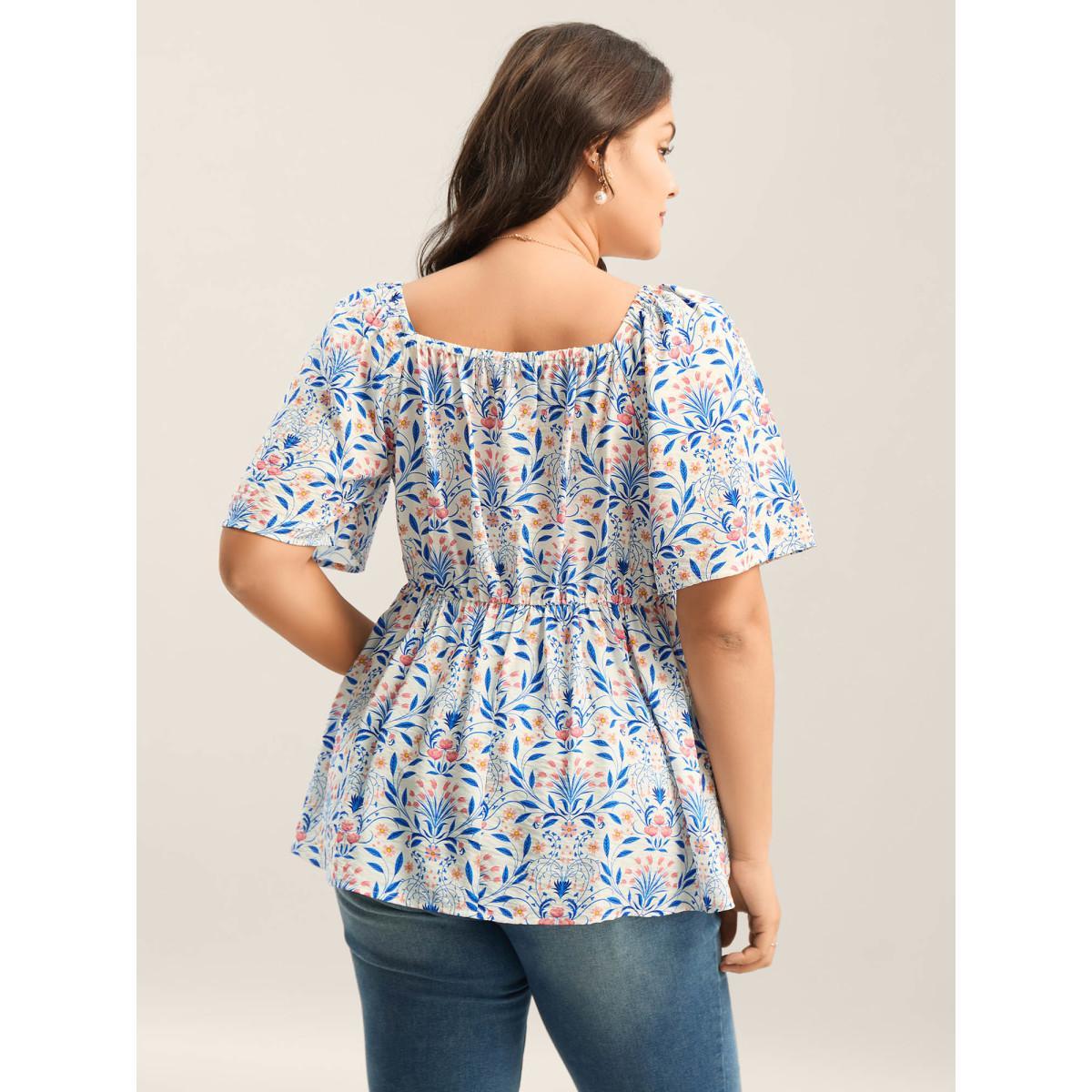 Plus Size Skyblue Floral Print Ruched Bodice Blouse Women Half Sleeve Notched collar Everyday-Elegant Blouses BloomChic 26/4X Product Image