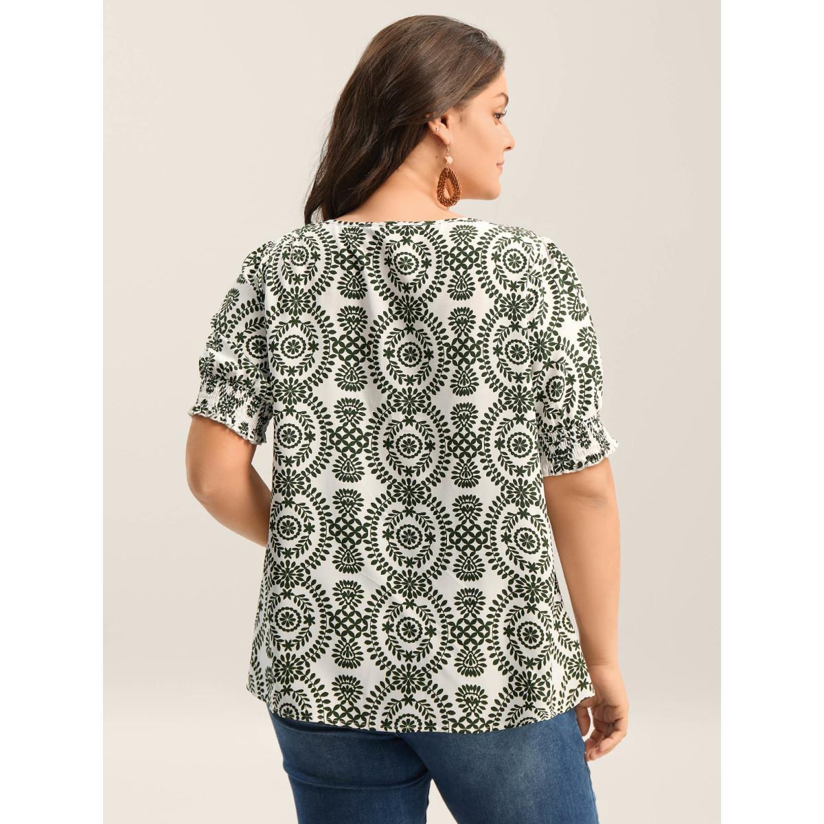 Plus Size ArmyGreen Ornate Print Shirred Blouse Women Half Sleeve Round Neck Vacation Blouses BloomChic 10/M Product Image