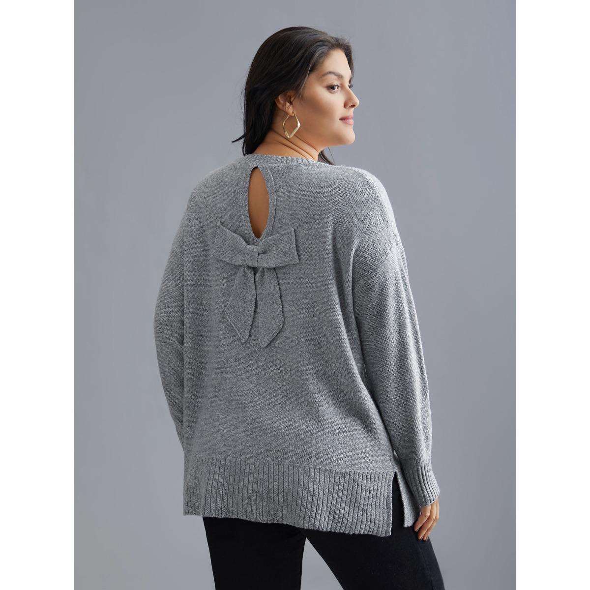 Plus Size Texture Bowknot Cut Out Slit Hem Pullover LightGray Women Casual Loose Long Sleeve Round Neck Everyday Pullovers BloomChic 10/M Product Image