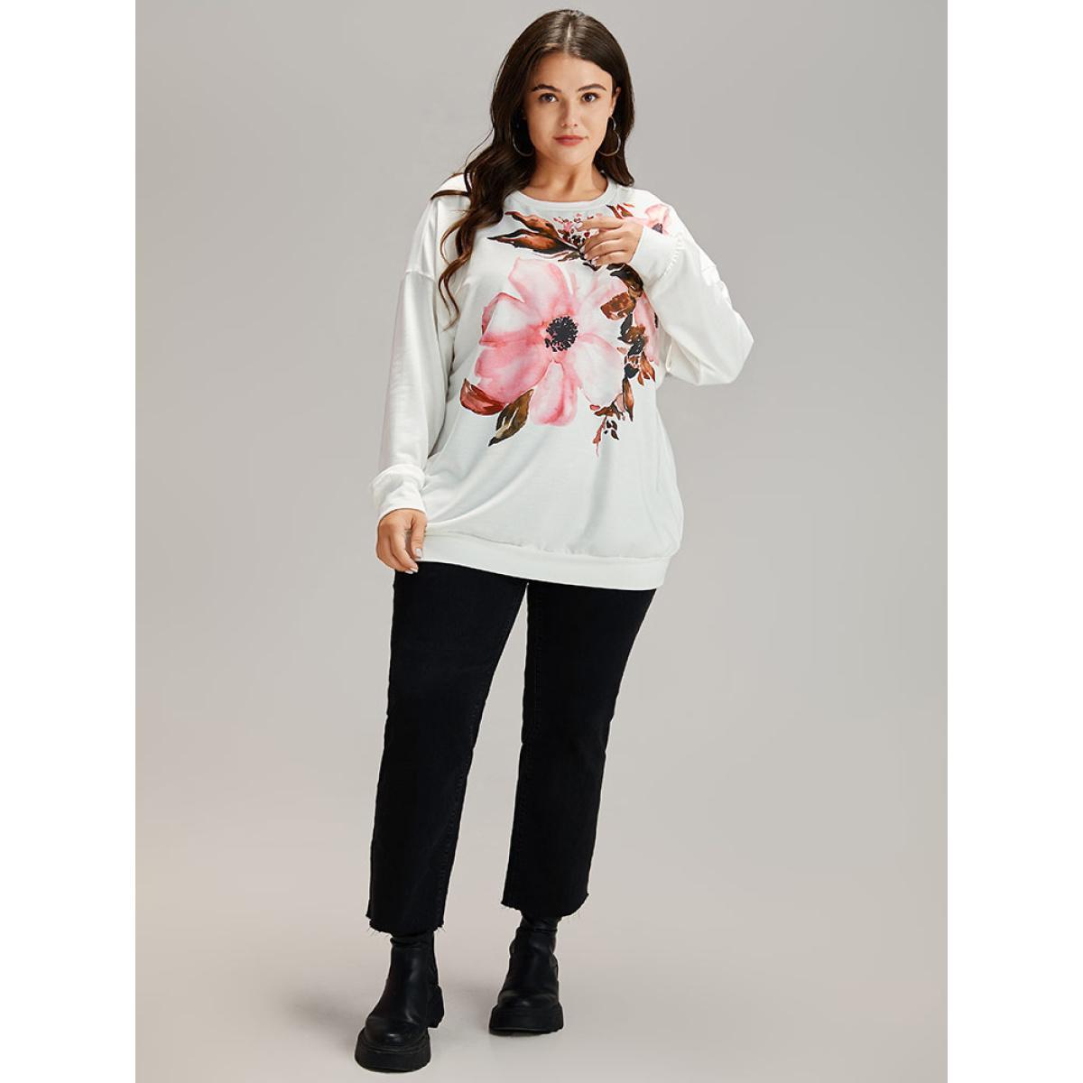 Plus Size Floral Round Neck Elastic Cuffs Sweatshirt Women White Casual Elastic cuffs Round Neck Dailywear Sweatshirts BloomChic 12/L Product Image