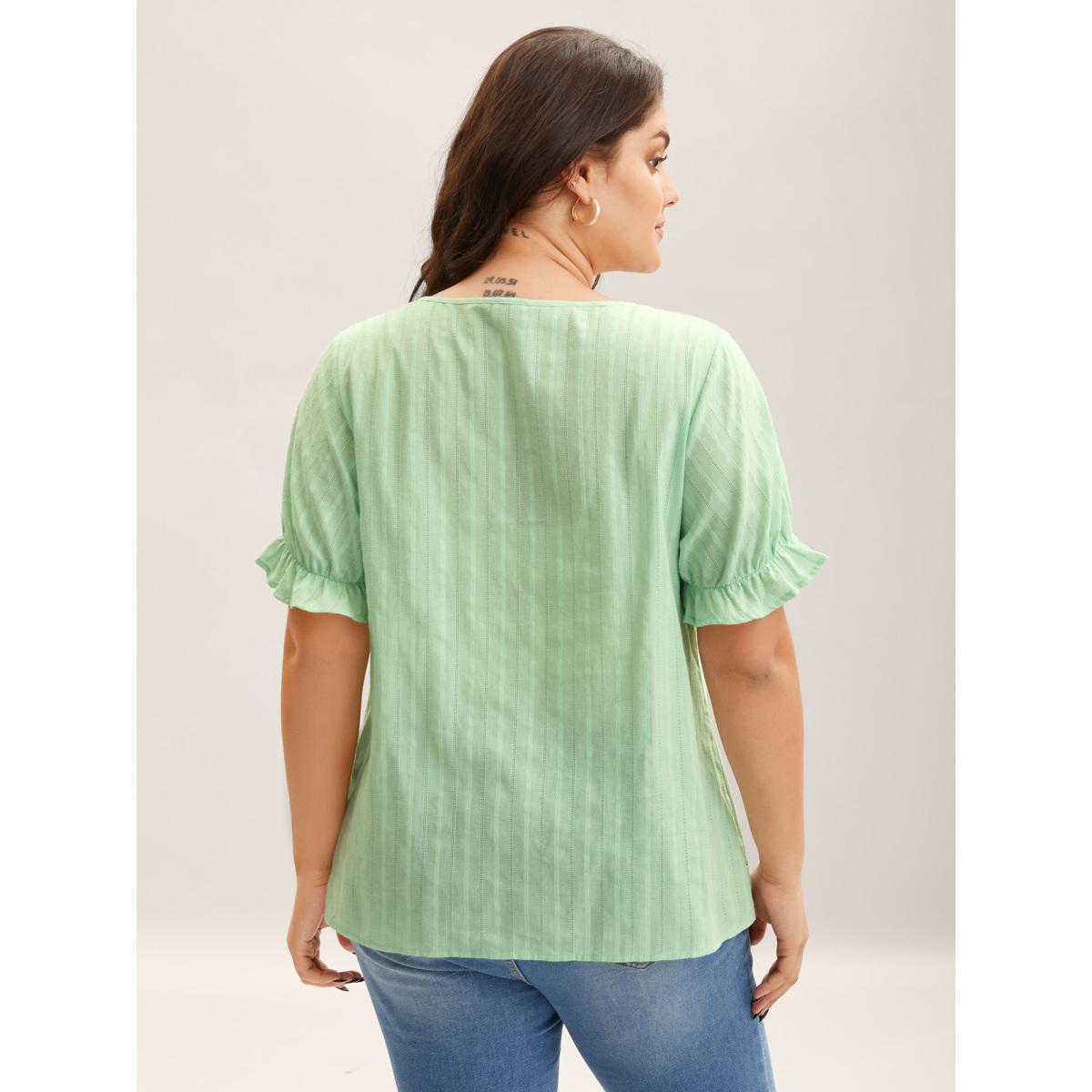 Plus Size LightGreen Cotton Square Neck Ruffled Sleeve Shirt Women Elegant Short sleeve Square Neck Everyday Blouses BloomChic 18-20/2X Product Image