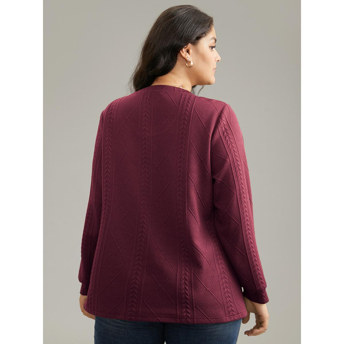 Plus Size Plain Textured Round Neck Sweatshirt Women Burgundy Casual Non Round Neck Everyday Sweatshirts BloomChic 12/L Product Image
