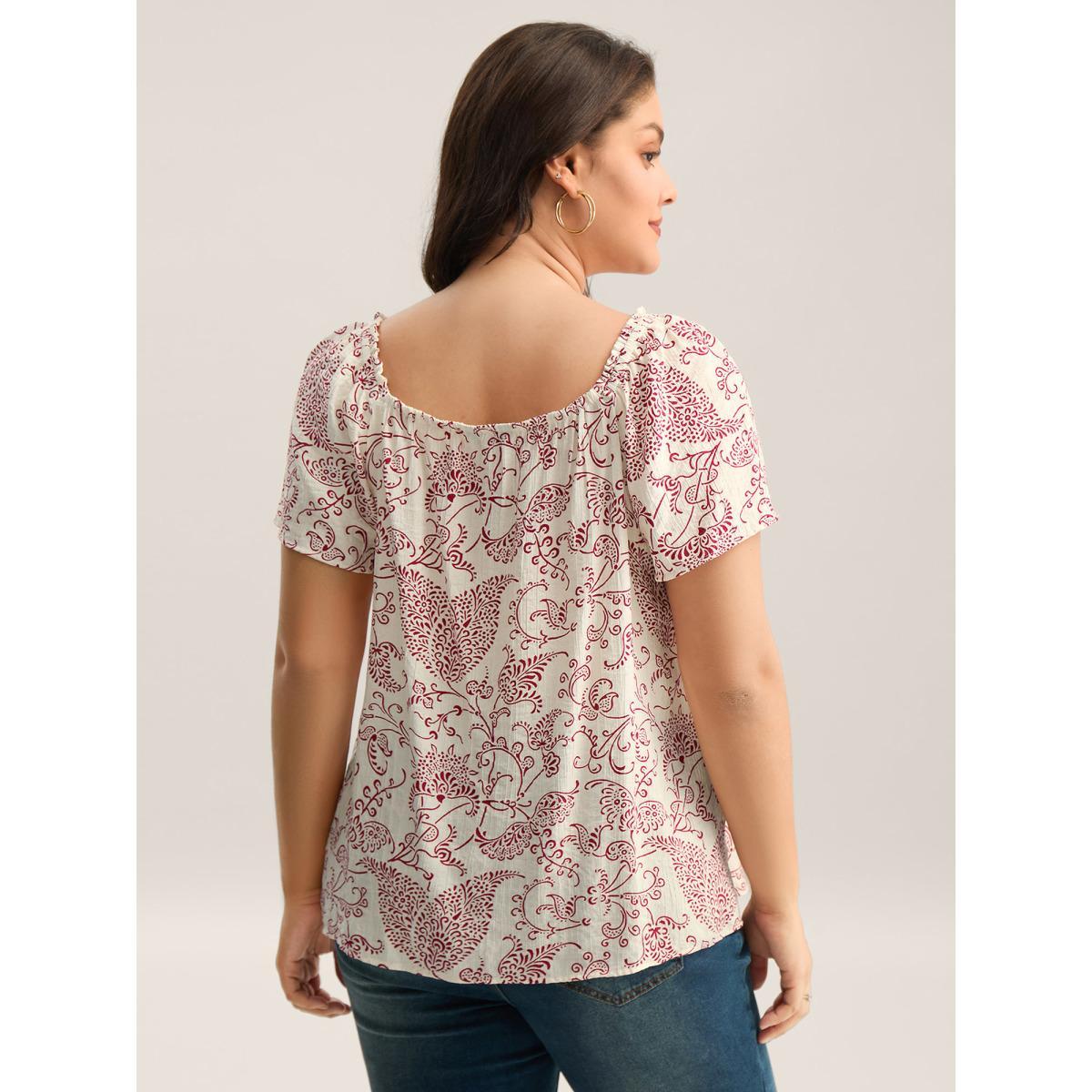 Plus Size Ivory Floral Print Shirred Neck Flowy Blouse Women Short sleeve Square Neck Vacation Blouses BloomChic 28/5X Product Image