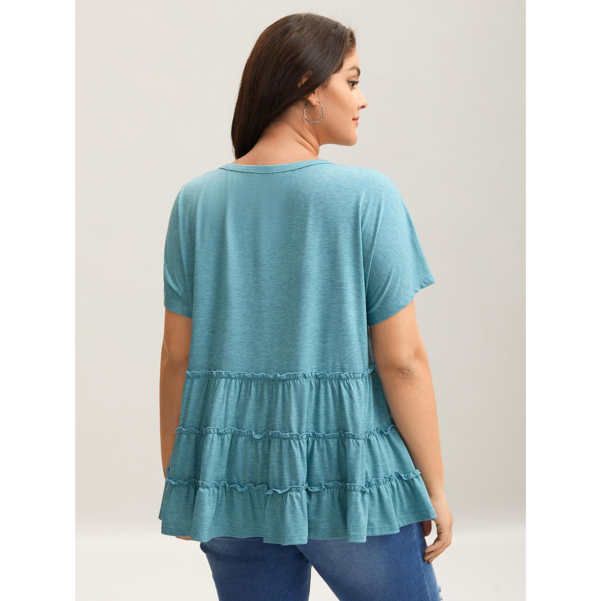 Plus Size Tiered Petal Trim Crew Neck T-Shirt Stone Women Casual Gathered Round Neck Everyday T-shirts BloomChic 22-24/3X Product Image