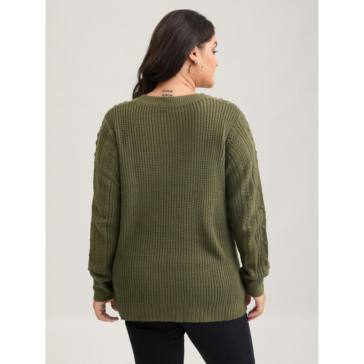 Plus Size Solid Round Neck Cable Knit Pullover ArmyGreen Women Casual Long Sleeve Round Neck Everyday Pullovers BloomChic 18-20/2X Product Image
