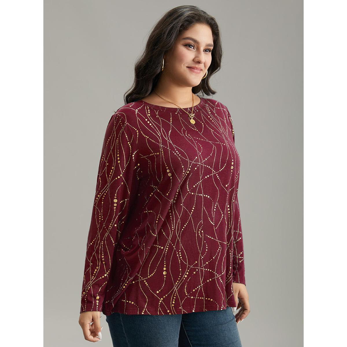 Plus Size Polka Dot Contrast Round Neck T-shirt Burgundy Women Casual Contrast Polka Dot Round Neck Dailywear T-shirts BloomChic 12/L Product Image