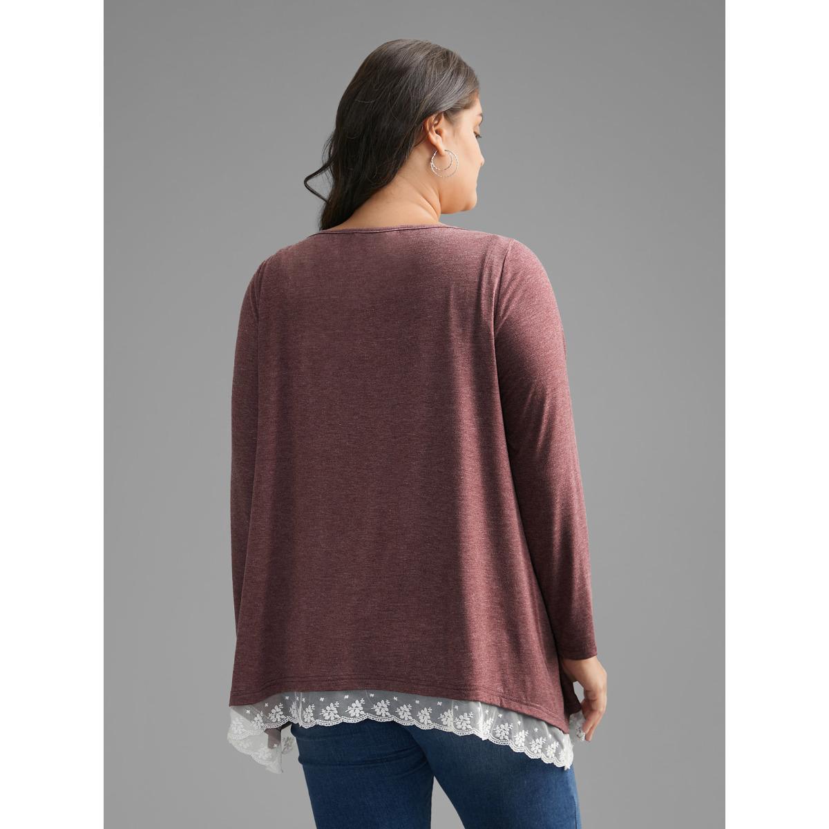 Plus Size Boat Neck Contrast Lace Panel T-shirt Deepred Women Casual Contrast Boat Neck Loose Everyday T-shirts BloomChic 14-16/1X Product Image