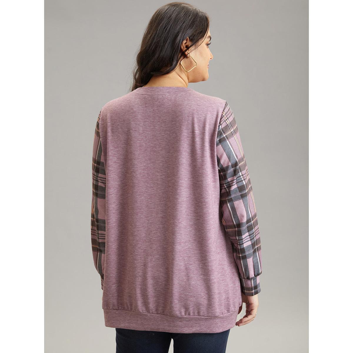 Plus Size Plaid Print Patchwork Kangaroo Pocket Sweatshirt Women Purple Casual Patchwork Round Neck Dailywear Sweatshirts BloomChic 10/M Product Image