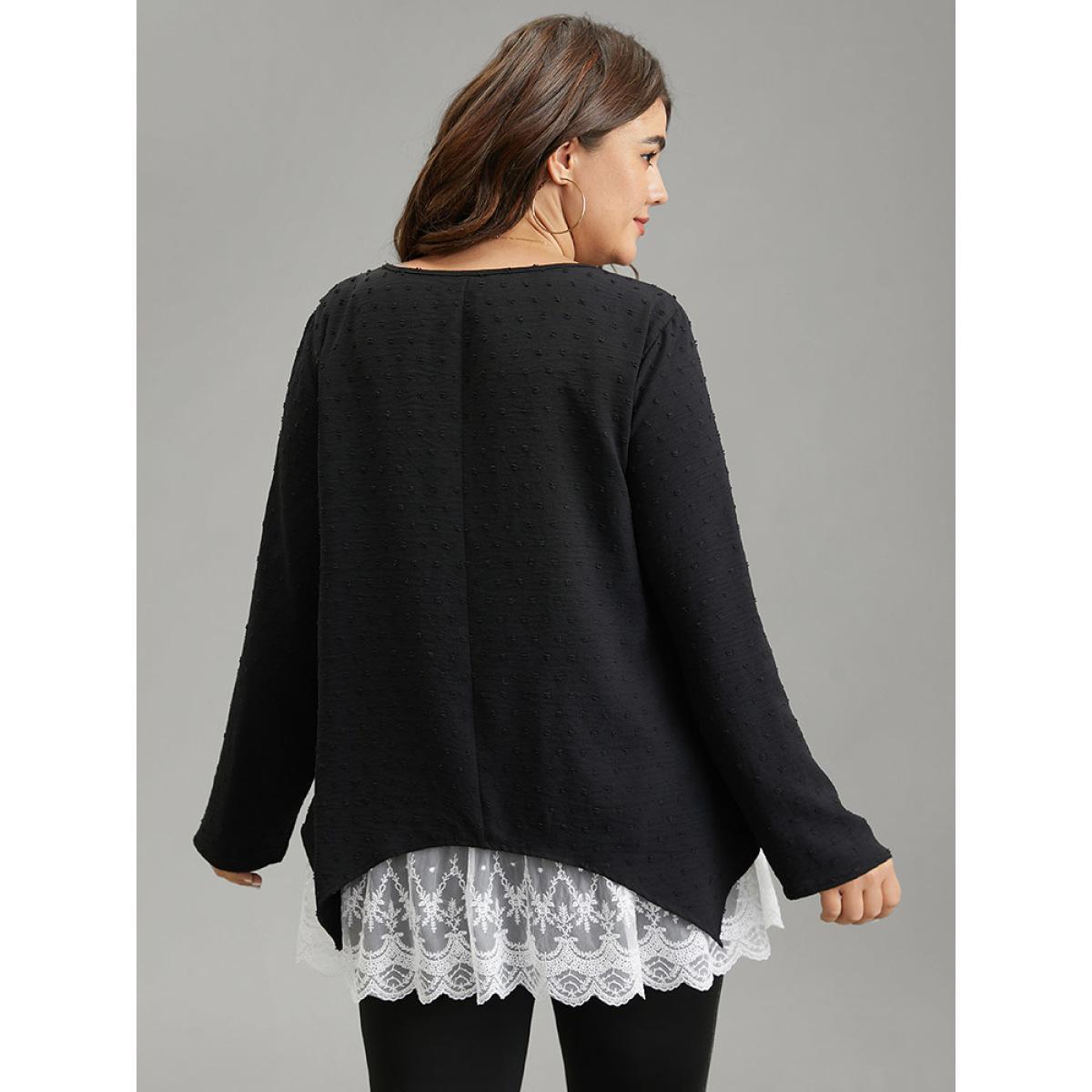 Plus Size Black Crochet Lace Mesh Polka Dot Asymmetrical Hem Blouse Women Elegant Long Sleeve Round Neck Everyday Blouses BloomChic 10/M Product Image