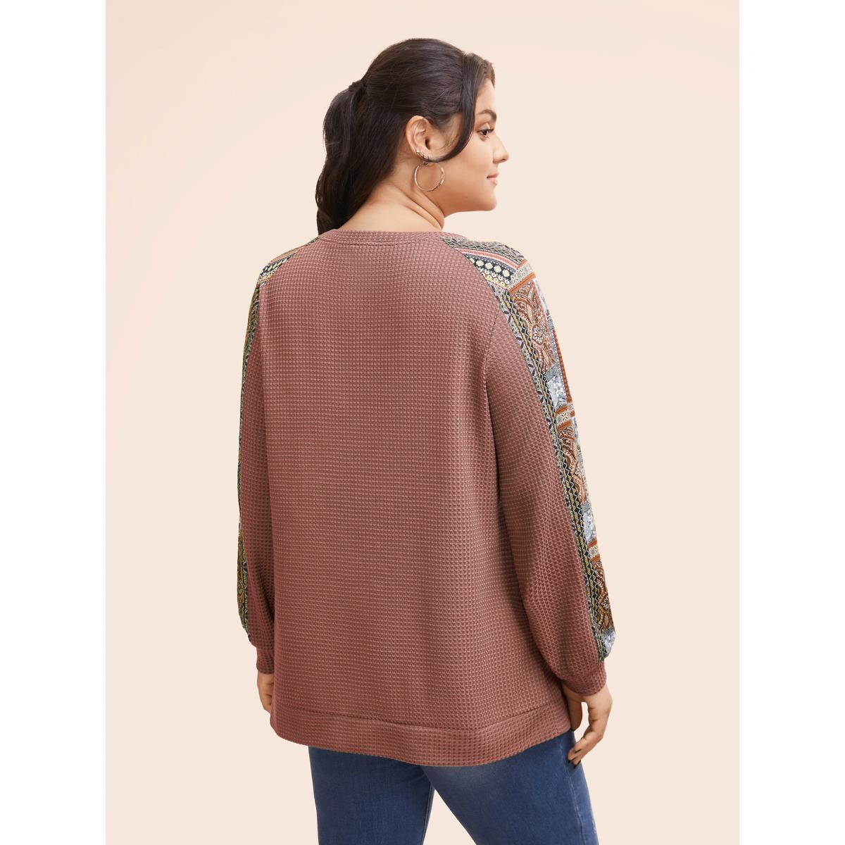 Plus Size Boho Print Patchwork Waffle Knit Crew Neck Sweatshirt Women ArmyGreen Casual Elastic cuffs Round Neck Dailywear Sweatshirts BloomChic 30/6X Product Image