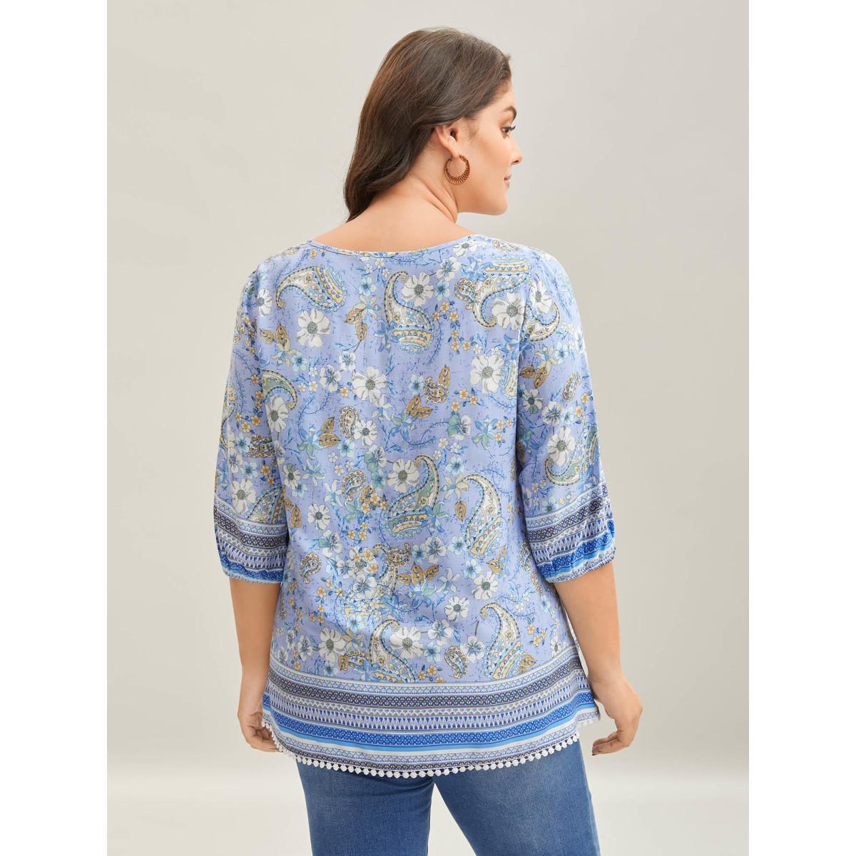 Plus Size Lavender Paisley Print Lantern Sleeve Flowy Blouse Women Elbow-length sleeve Notched collar Vacation Blouses BloomChic 26/4X Product Image