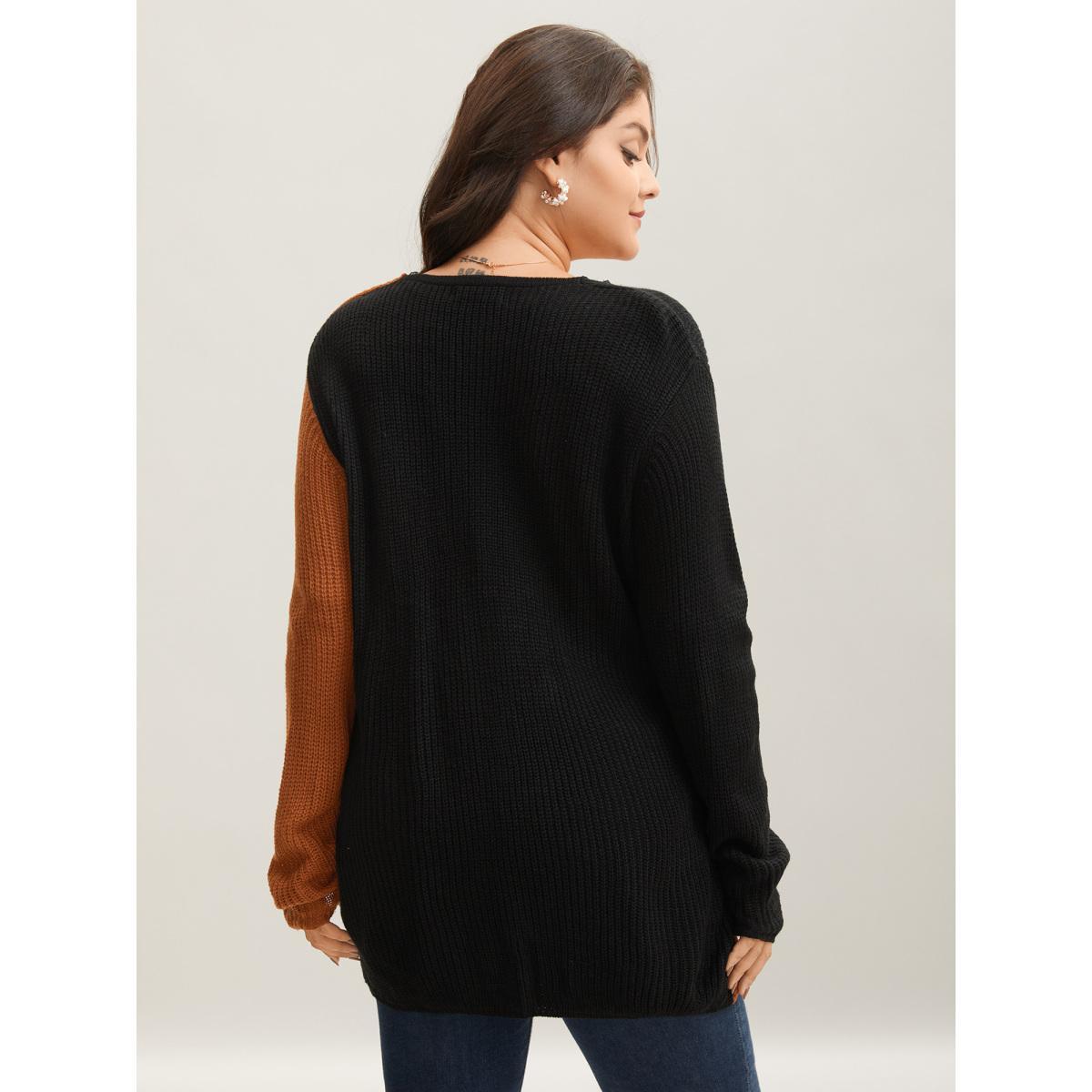Plus Size Colorblock Contrast Pointelle Knit Lace Crisscross Knit Top Chocolate Women Elegant Loose Long Sleeve Deep V-neck Dailywear Pullovers BloomChic 28/5X Product Image