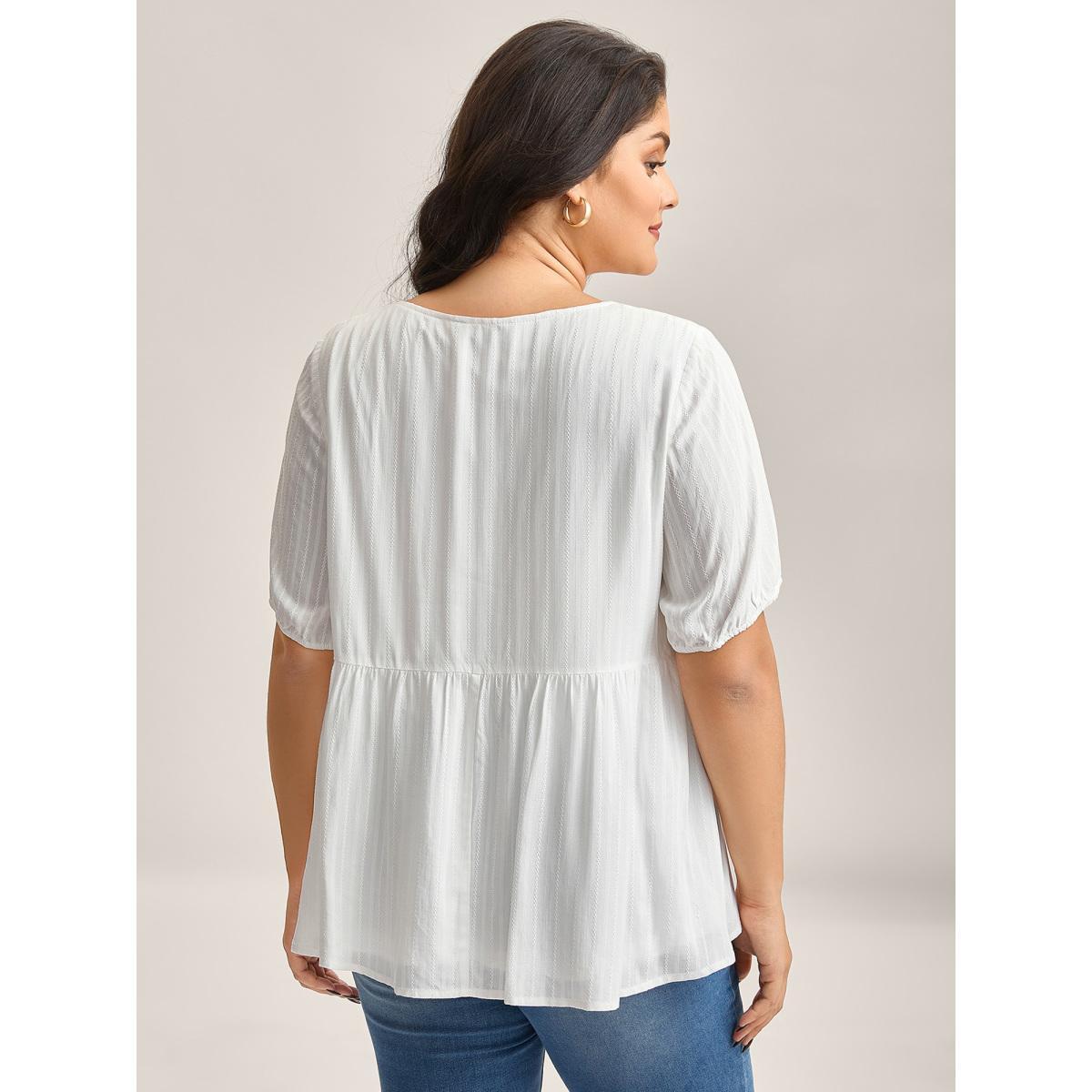 Plus Size Opticwhite Textured Pleated Bodice Plain Blouse Women Elbow-length sleeve Round Neck Everyday-Elegant Blouses BloomChic 22-24/3X Product Image