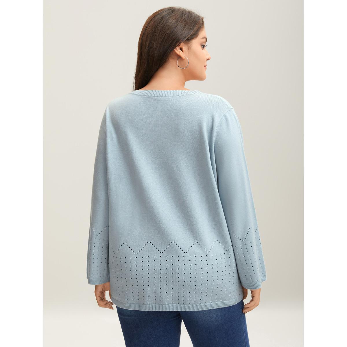 Plus Size Lightweight Woolen Cut-Out Pullover LightBlue Women Casual Loose Long Sleeve Round Neck Everyday Pullovers BloomChic 10/M Product Image