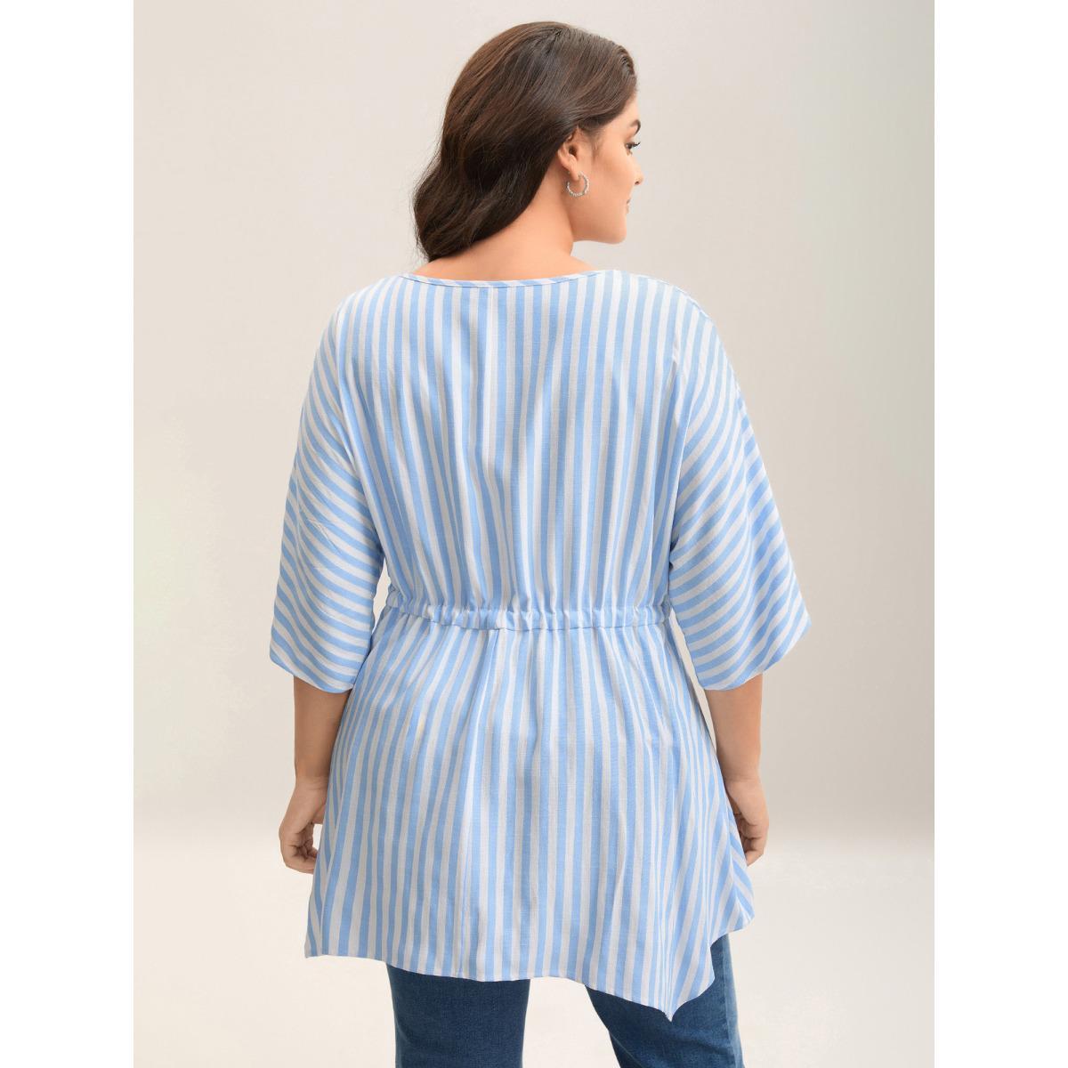 Plus Size LightBlue Cotton Linen Blend Striped Tied Blouse Women Elbow-length sleeve Round Neck Everyday-Elegant Blouses BloomChic 14-16/1X Product Image