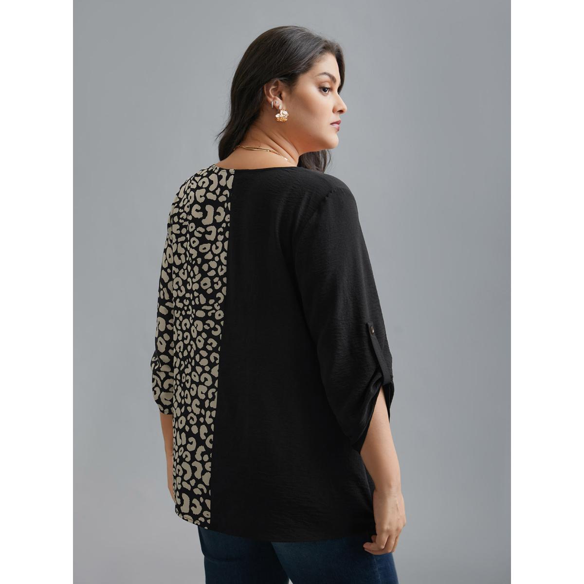Plus Size Black Leopard Print Spliced Tab Sleeve Blouse Women Elegant Extra Long Sleeve V-neck Everyday Blouses BloomChic 28/5X Product Image