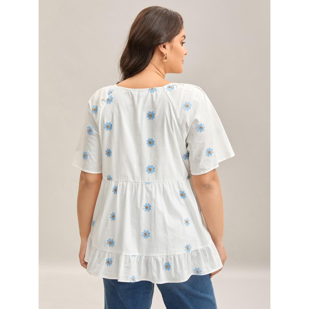 Plus Size WhiteSmoke Floral Embroidered Ruffled Hem Doll Shirt Women Elegant Short sleeve Square Neck Everyday Blouses BloomChic 28/5X Product Image
