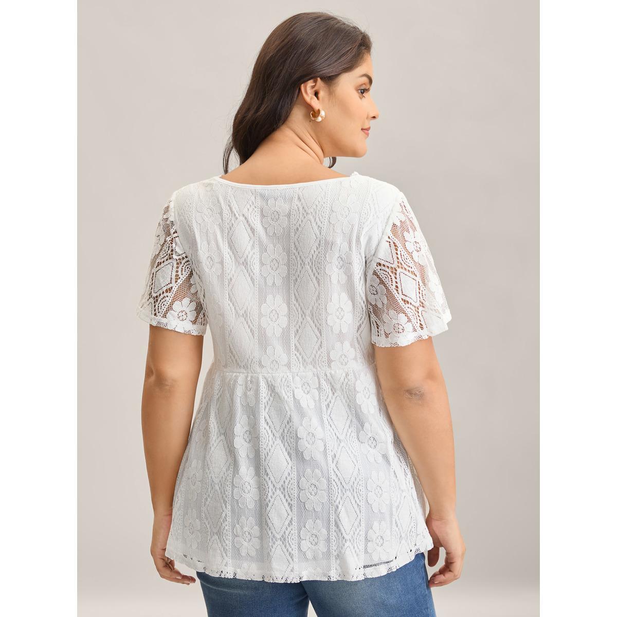 Plus Size V Neck Lace Mesh Plain T-Shirt Originalwhite Women Woven ribbon&lace trim V-neck Bodycon Everyday-Elegant T-shirts BloomChic 14-16/1X Product Image