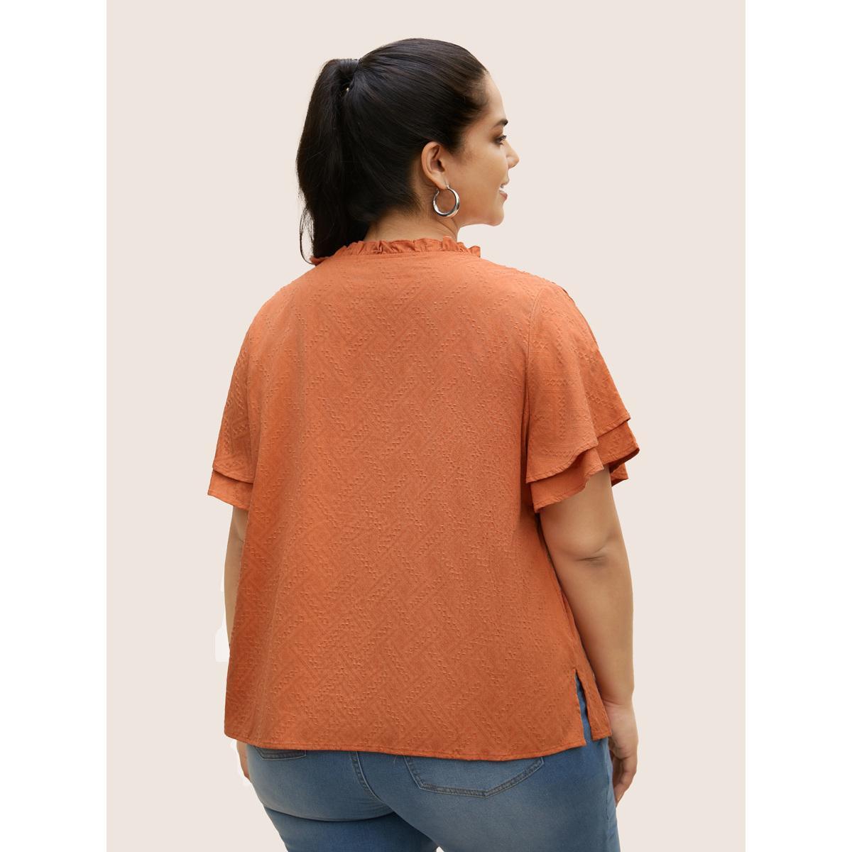 Plus Size OrangeRed Texture Tiered Ruffles Gathered Frill Trim Blouse Women Casual Short sleeve Notched collar Everyday Blouses BloomChic 12/L Product Image