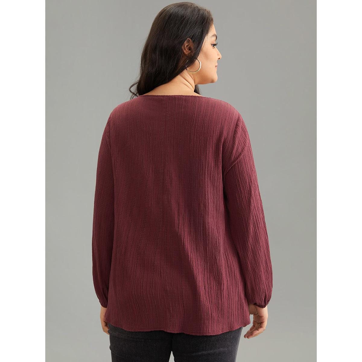 Plus Size Burgundy Solid Crochet Lace Button Detail Blouse Women Elegant Long Sleeve V-neck Dailywear Blouses BloomChic 28/5X Product Image