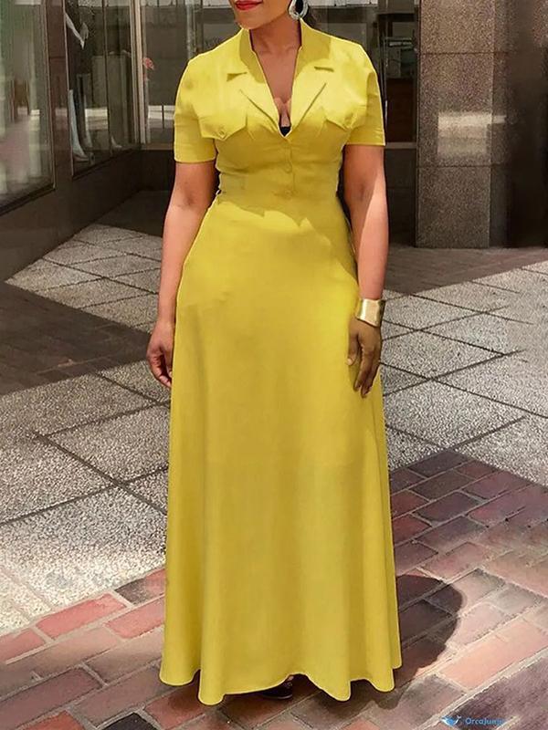 A-Line Loose Buttoned Pockets Solid Color Deep V-Neck Maxi Dresses Product Image