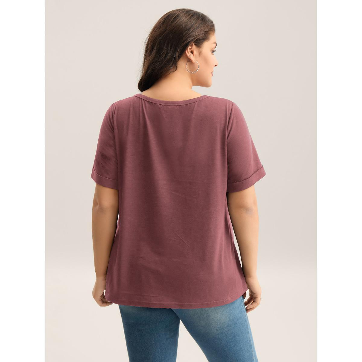 Plus Size Solid Split Neck Button Detail T-Shirt Plum Women Button Notched collar Everyday-Casual T-shirts BloomChic 26/4X Product Image