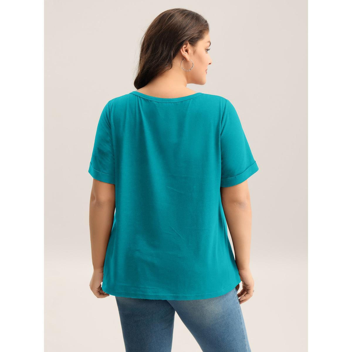 Plus Size Solid Split Neck Button Detail T-Shirt Cerulean Women Button Notched collar Everyday-Casual T-shirts BloomChic 28/5X Product Image