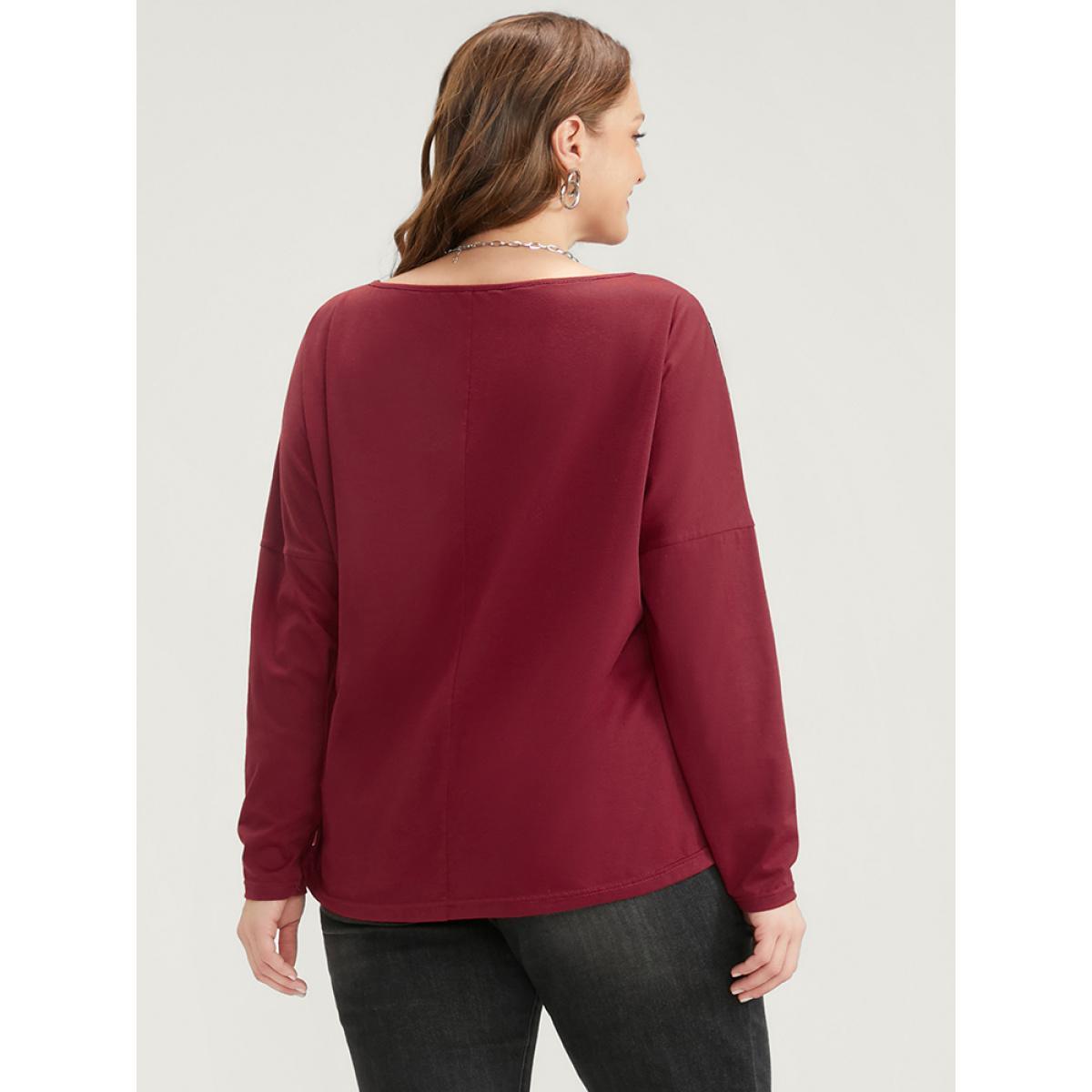 Plus Size Solid Round Neck Contrast Lace Long Tee Red Women Elegant Lace Plain Round Neck Dailywear T-shirts BloomChic 12/L Product Image