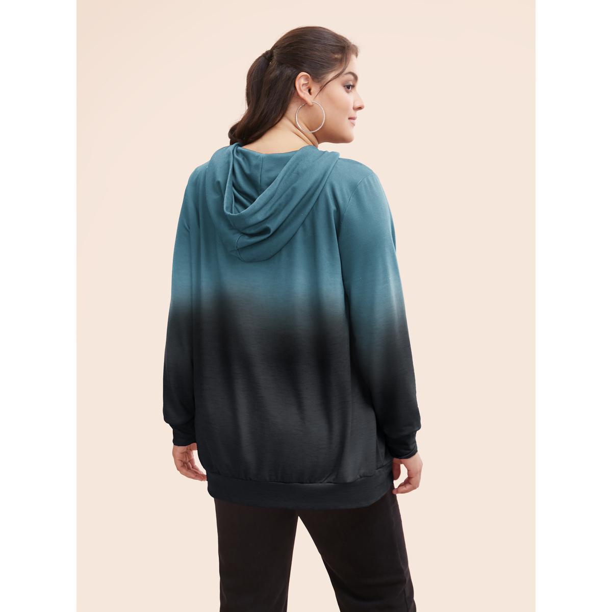 Plus Size Ombre Pocket Drawstring Hooded Sweatshirt Women Teal Casual Elastic cuffs Hooded Everyday Sweatshirts BloomChic 10/M Product Image