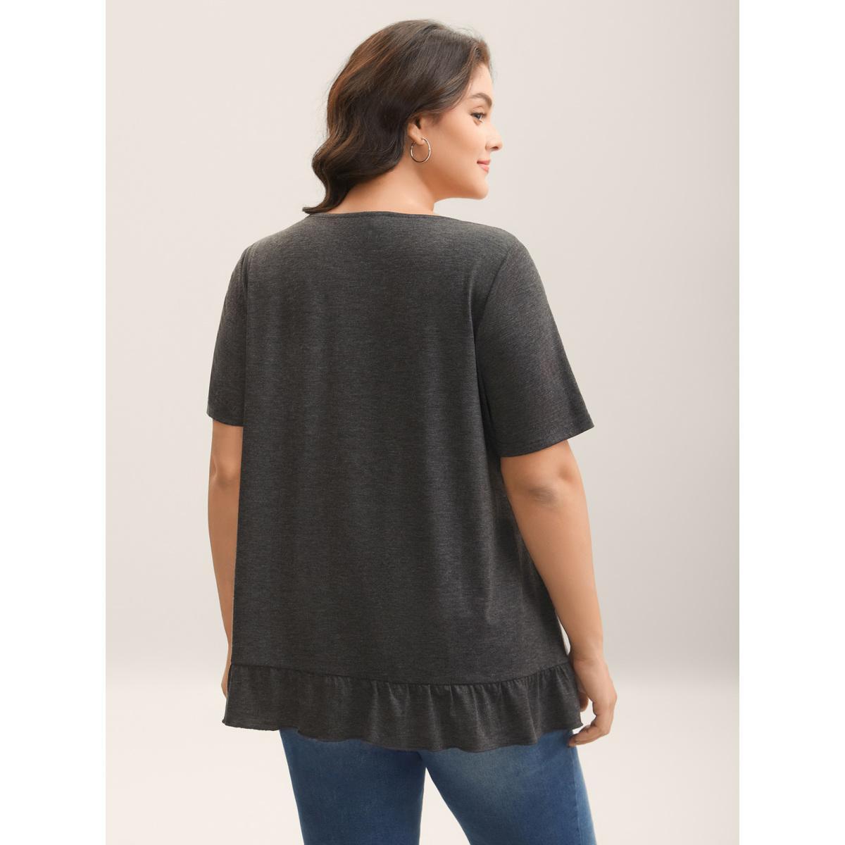 Plus Size Button Detail Ruffled Hem Babydoll T-Shirt DimGray Women Gathered Round Neck Everyday-Casual T-shirts BloomChic 10/M Product Image